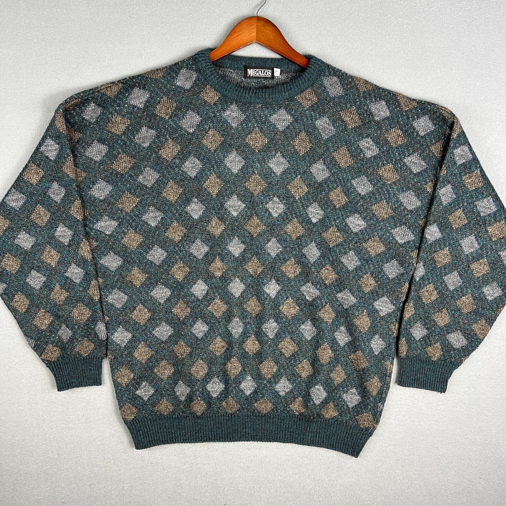 VTG Geometric Knit Sweater Mens‎ XXL 80s 90s Grandpa Cozy Acrylic Made in USA